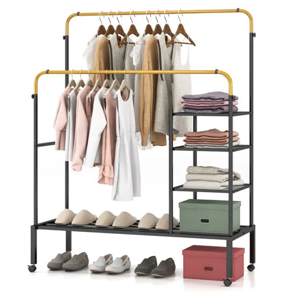 Rolling Double Rods Garment Rack with Height Adjustable Hanging Bars-Golden - Golden - Clothing & Closet Storage