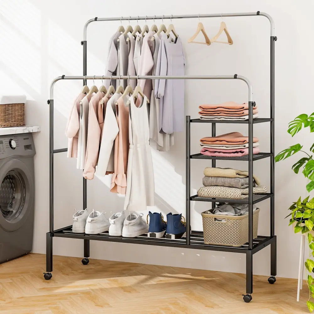 Rolling Double Rods Garment Rack with Height Adjustable Hanging Bars-Silver - Silver - Clothing & Closet Storage