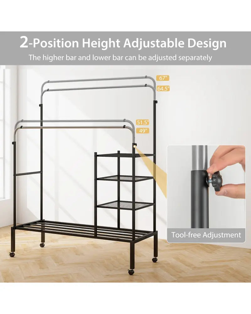 Rolling Double Rods Garment Rack with Height Adjustable Hanging Bars-Silver - Silver - Clothing & Closet Storage