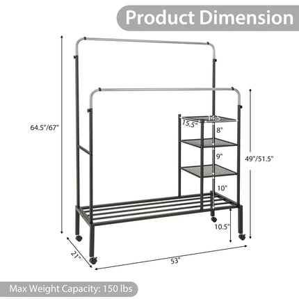 Rolling Double Rods Garment Rack with Height Adjustable Hanging Bars-Silver - Silver - Clothing & Closet Storage