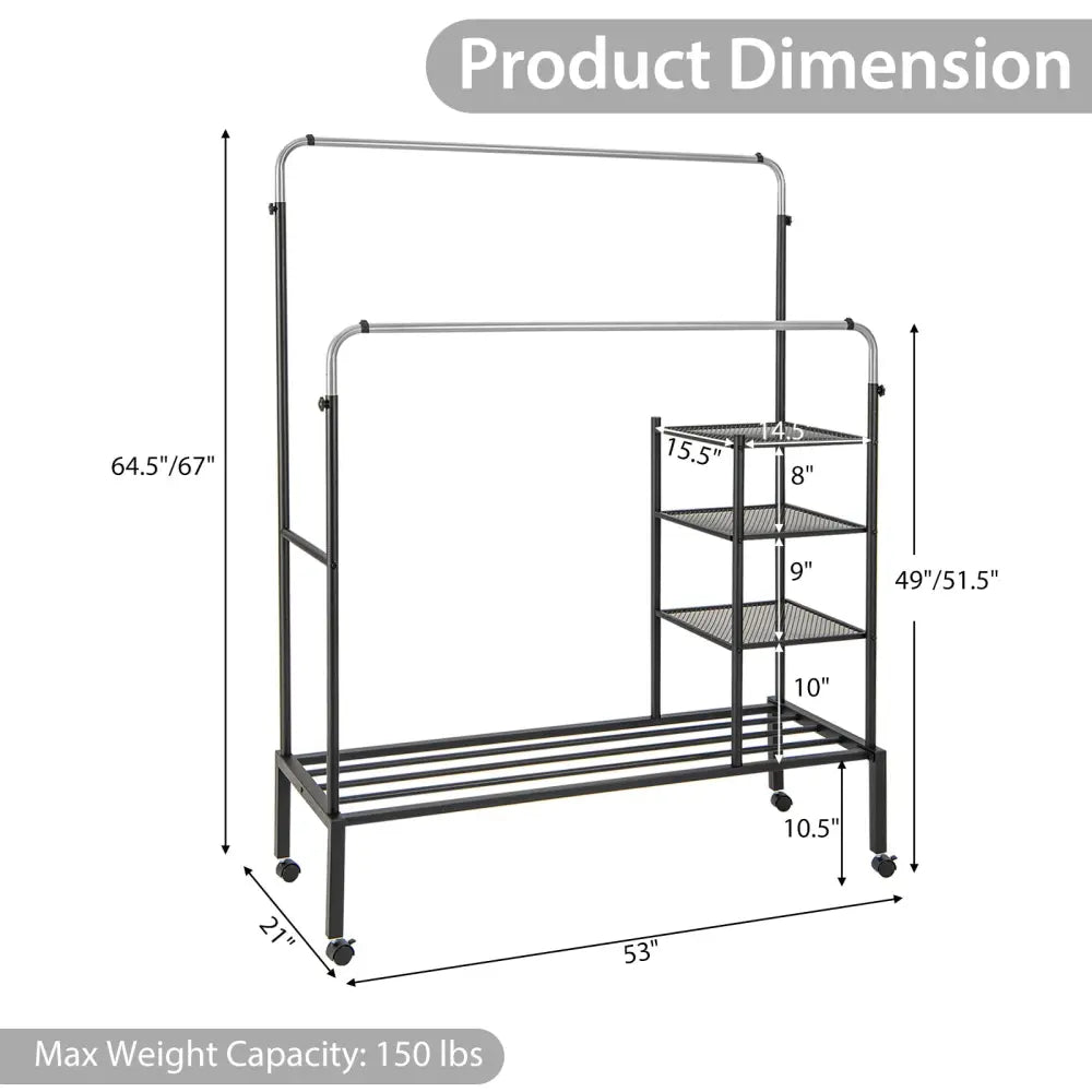 Rolling Double Rods Garment Rack with Height Adjustable Hanging Bars-Silver - Silver - Clothing & Closet Storage
