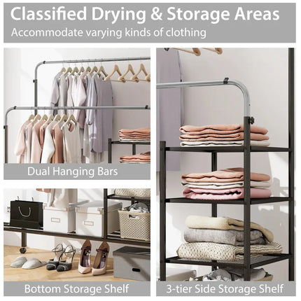 Rolling Double Rods Garment Rack with Height Adjustable Hanging Bars-Silver - Silver - Clothing & Closet Storage