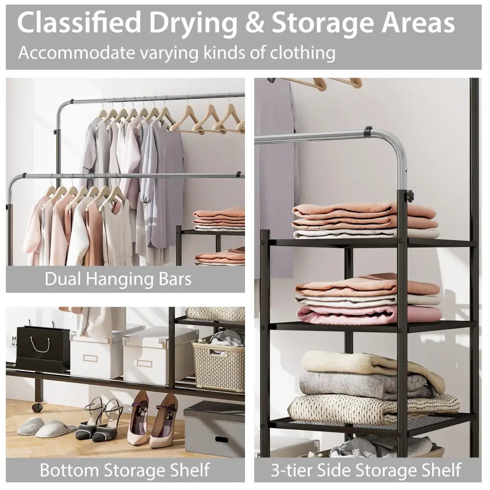 Rolling Double Rods Garment Rack with Height Adjustable Hanging Bars-Silver - Silver - Clothing & Closet Storage