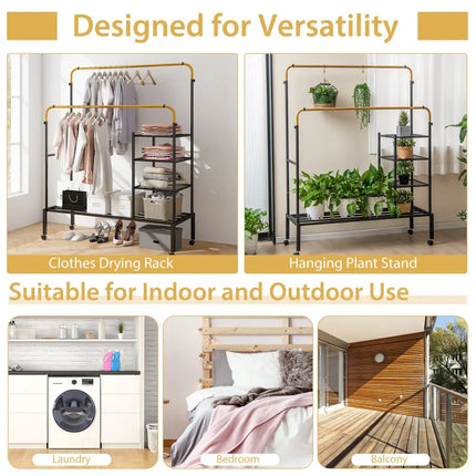 Rolling Double Rods Garment Rack with Height Adjustable Hanging Bars-Golden - Golden - Clothing & Closet Storage