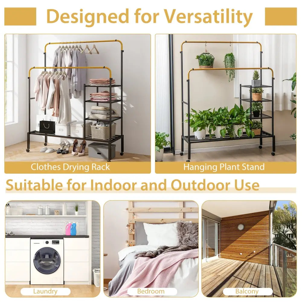 Rolling Double Rods Garment Rack with Height Adjustable Hanging Bars-Golden - Golden - Clothing & Closet Storage