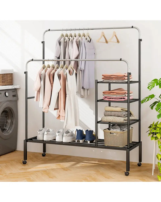 Rolling Double Rods Garment Rack with Height Adjustable Hanging Bars-Silver - Silver - Clothing & Closet Storage