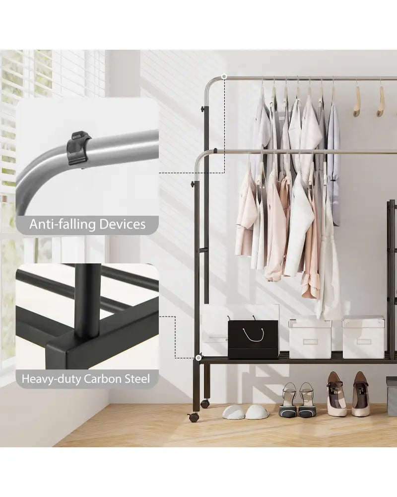 Rolling Double Rods Garment Rack with Height Adjustable Hanging Bars-Silver - Silver - Clothing & Closet Storage