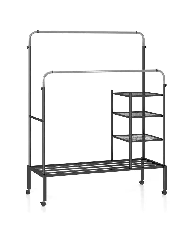 Rolling Double Rods Garment Rack with Height Adjustable Hanging Bars-Silver - Silver - Clothing & Closet Storage