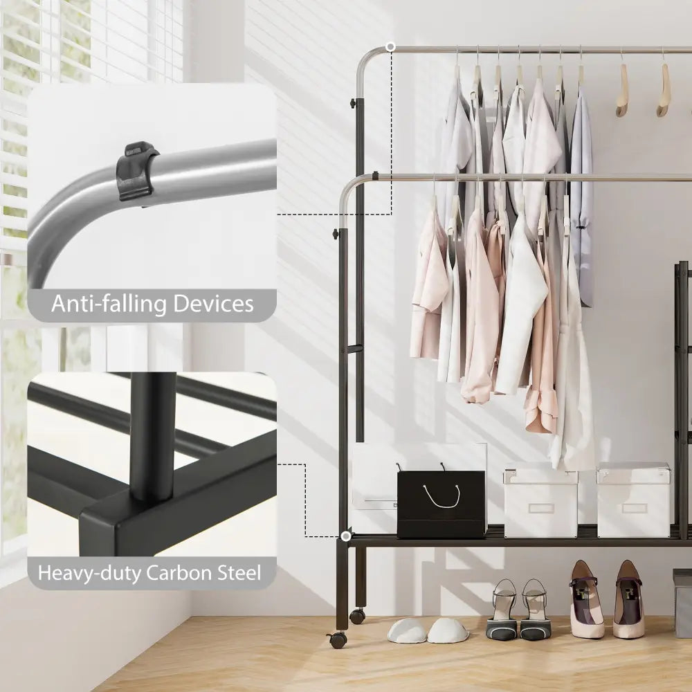 Rolling Double Rods Garment Rack with Height Adjustable Hanging Bars-Silver - Silver - Clothing & Closet Storage