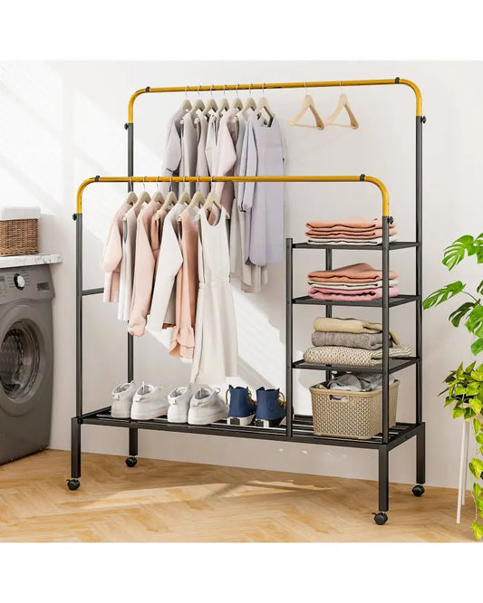 Rolling Double Rods Garment Rack with Height Adjustable Hanging Bars-Golden - Golden - Clothing & Closet Storage