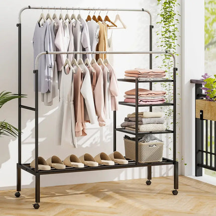 Rolling Double Rods Garment Rack with Height Adjustable Hanging Bars-Silver - Silver - Clothing & Closet Storage