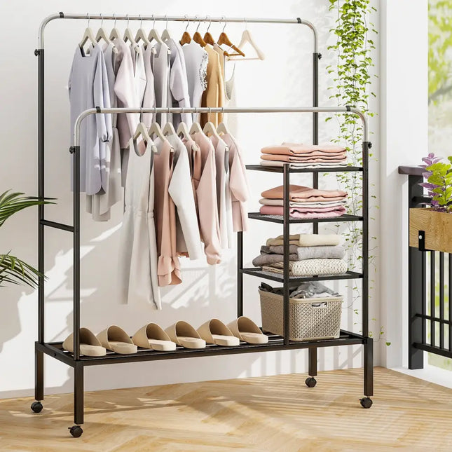 Rolling Double Rods Garment Rack with Height Adjustable Hanging Bars-Silver - Silver - Clothing & Closet Storage