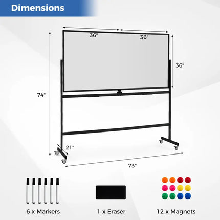 Rolling Double-Sided Magnetic Whiteboard on Wheels with Stand and Aluminum Alloy Frame-Black - Black - Home Office