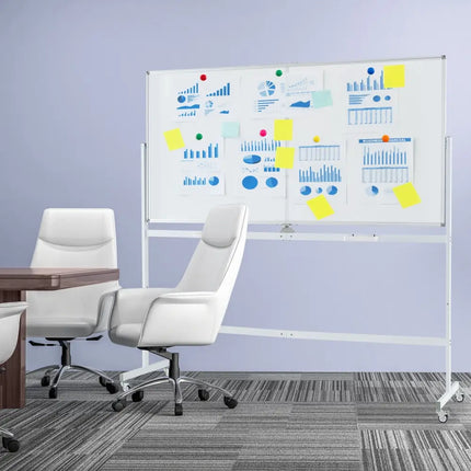 Rolling Double-Sided Magnetic Whiteboard on Wheels with Stand and Aluminum Alloy Frame-White - White - Home Office