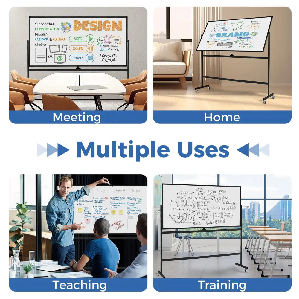 Rolling Double-Sided Magnetic Whiteboard on Wheels with Stand and Aluminum Alloy Frame-Black - Black - Home Office