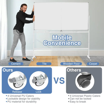 Rolling Double-Sided Magnetic Whiteboard on Wheels with Stand and Aluminum Alloy Frame-White - White - Home Office