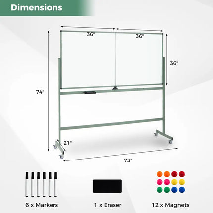 Rolling Double-Sided Magnetic Whiteboard on Wheels with Stand and Aluminum Alloy Frame-Green - Green - Home Office