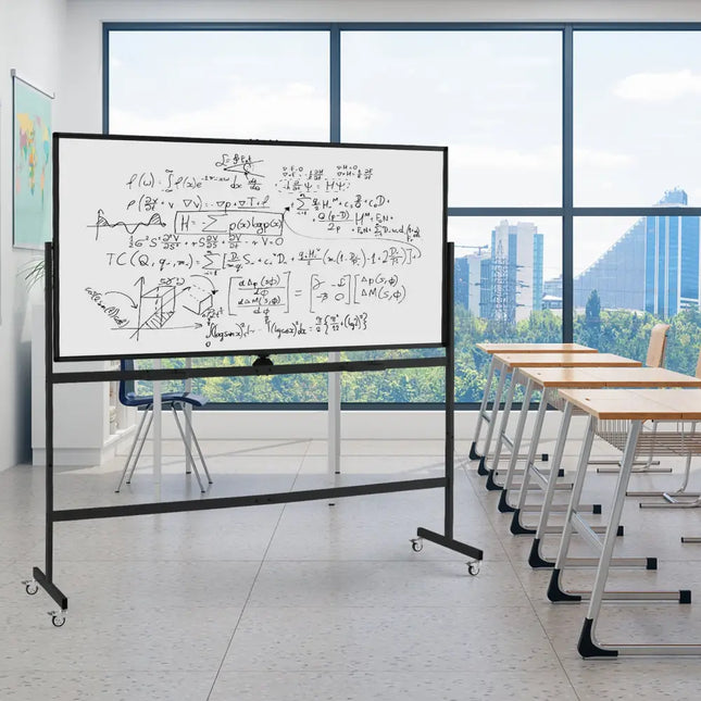 Rolling Double-Sided Magnetic Whiteboard on Wheels with Stand and Aluminum Alloy Frame-Black - Black - Home Office
