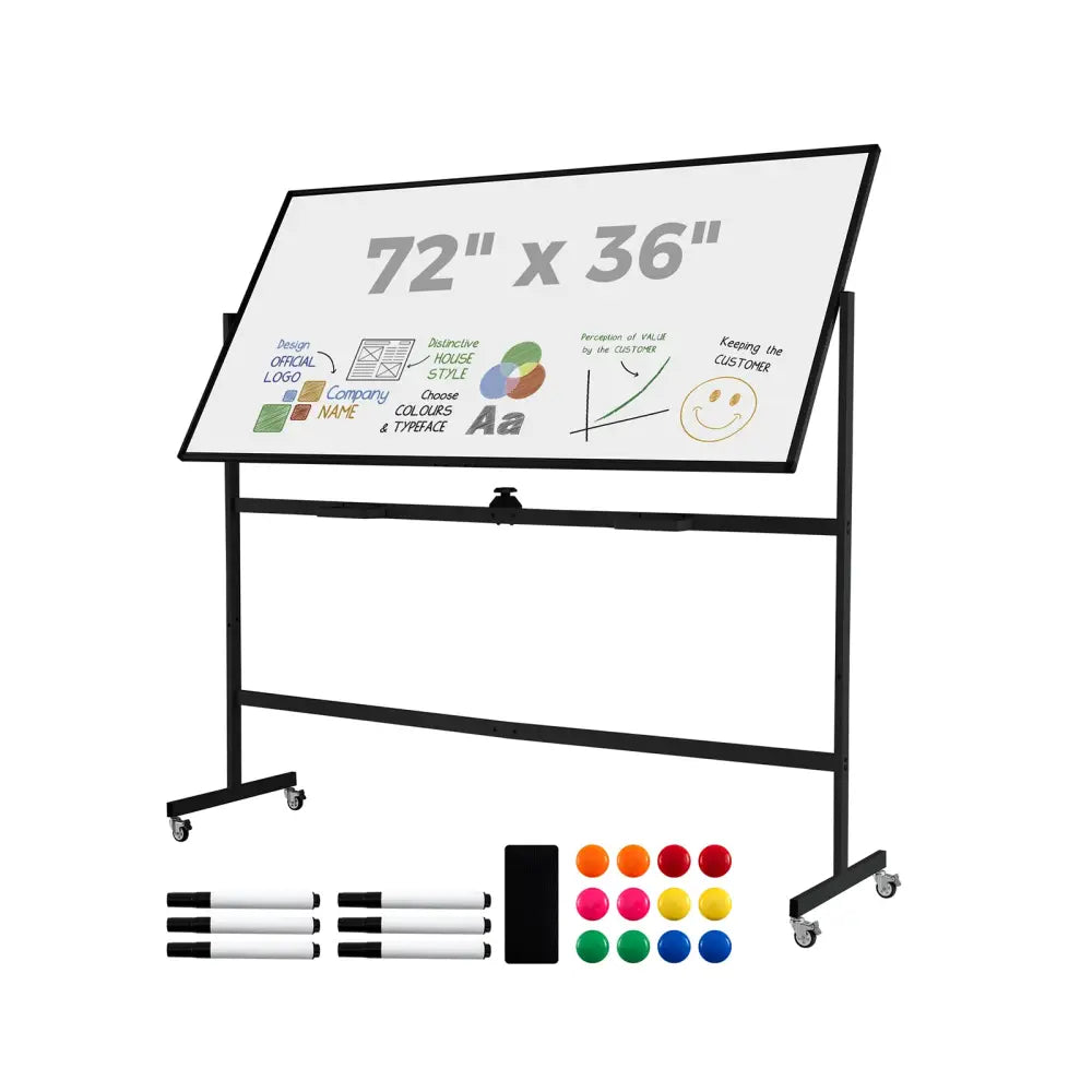 Rolling Double-Sided Magnetic Whiteboard on Wheels with Stand and Aluminum Alloy Frame-Black - Black - Home Office
