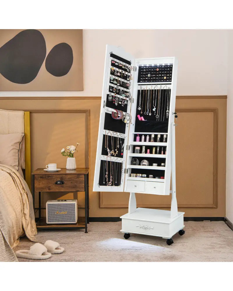 Rolling Floor Standing Mirrored Jewelry Armoire with Lock and Drawers-White - White - Jewelry Armoires