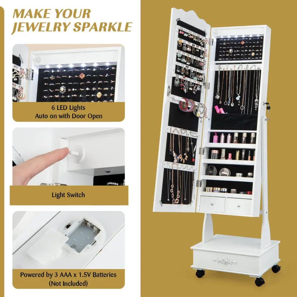 Rolling Floor Standing Mirrored Jewelry Armoire with Lock and Drawers-White - White - Jewelry Armoires