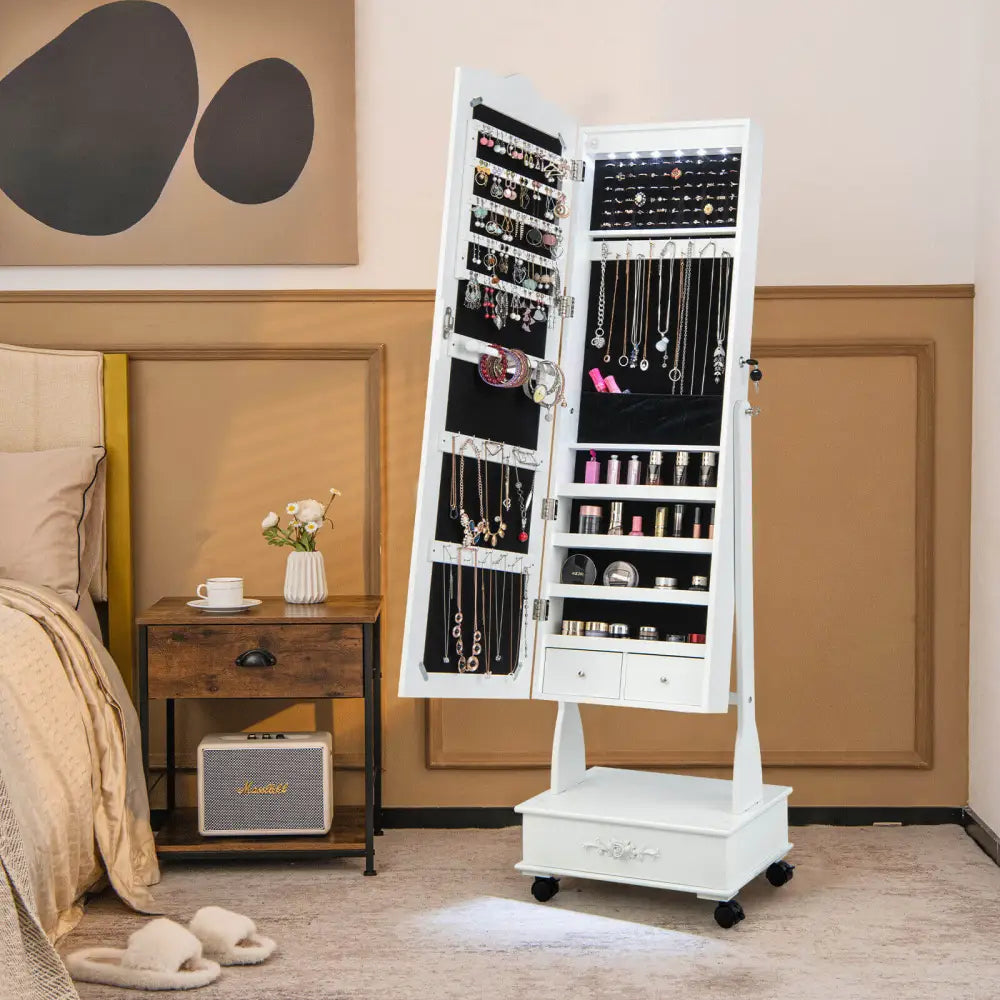 Rolling Floor Standing Mirrored Jewelry Armoire with Lock and Drawers-White - White - Jewelry Armoires