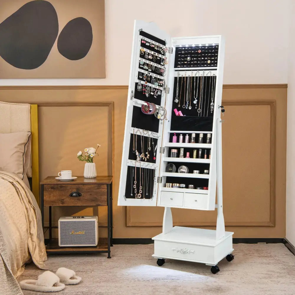 Rolling Floor Standing Mirrored Jewelry Armoire with Lock and Drawers-White Costway