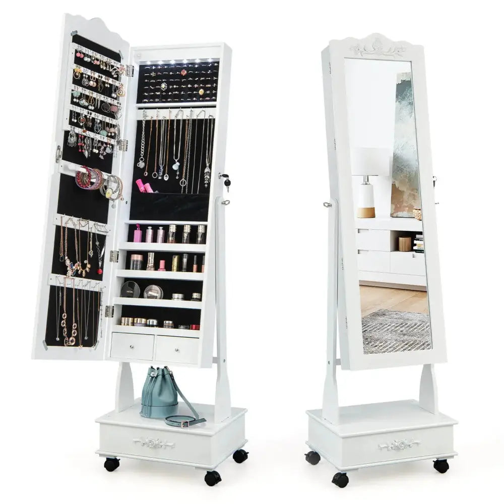 Rolling Floor Standing Mirrored Jewelry Armoire with Lock and Drawers-White Costway
