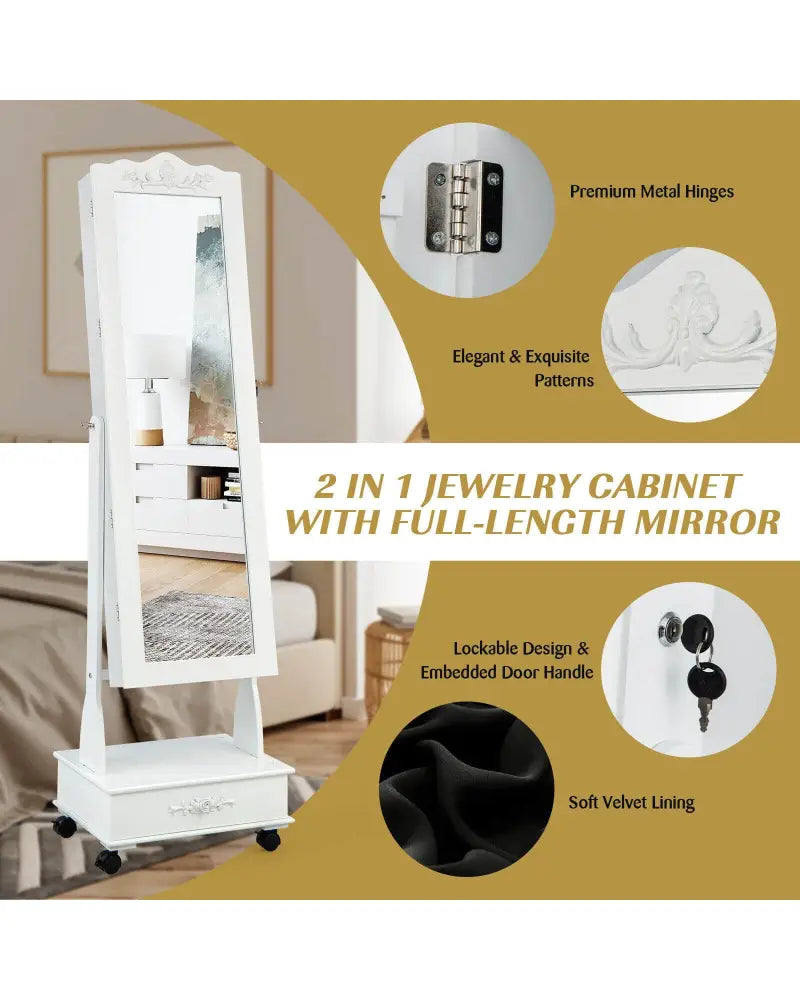Rolling Floor Standing Mirrored Jewelry Armoire with Lock and Drawers-White - White - Jewelry Armoires