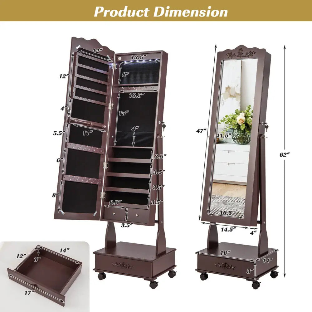 Rolling Floor Standing Mirrored Jewelry Armoire with Lock and Drawers-Brown - Brown - Jewelry Armoires
