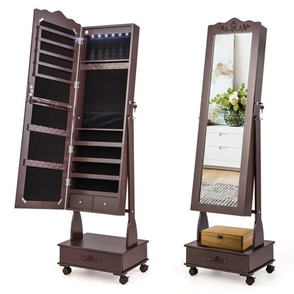 Rolling Floor Standing Mirrored Jewelry Armoire with Lock and Drawers-Brown - Brown - Jewelry Armoires