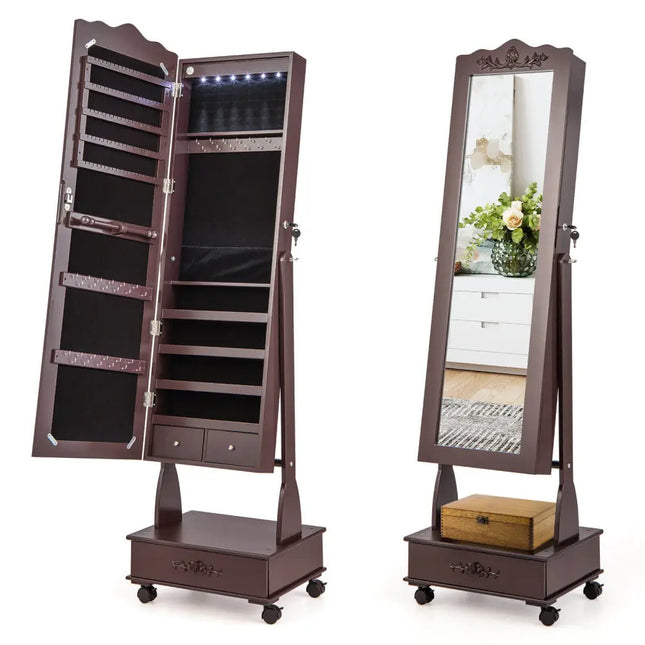Rolling Floor Standing Mirrored Jewelry Armoire with Lock and Drawers-Brown - Brown - Jewelry Armoires