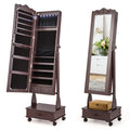Rolling Floor Standing Mirrored Jewelry Armoire with Lock and Drawers-Brown - Brown - Jewelry Armoires