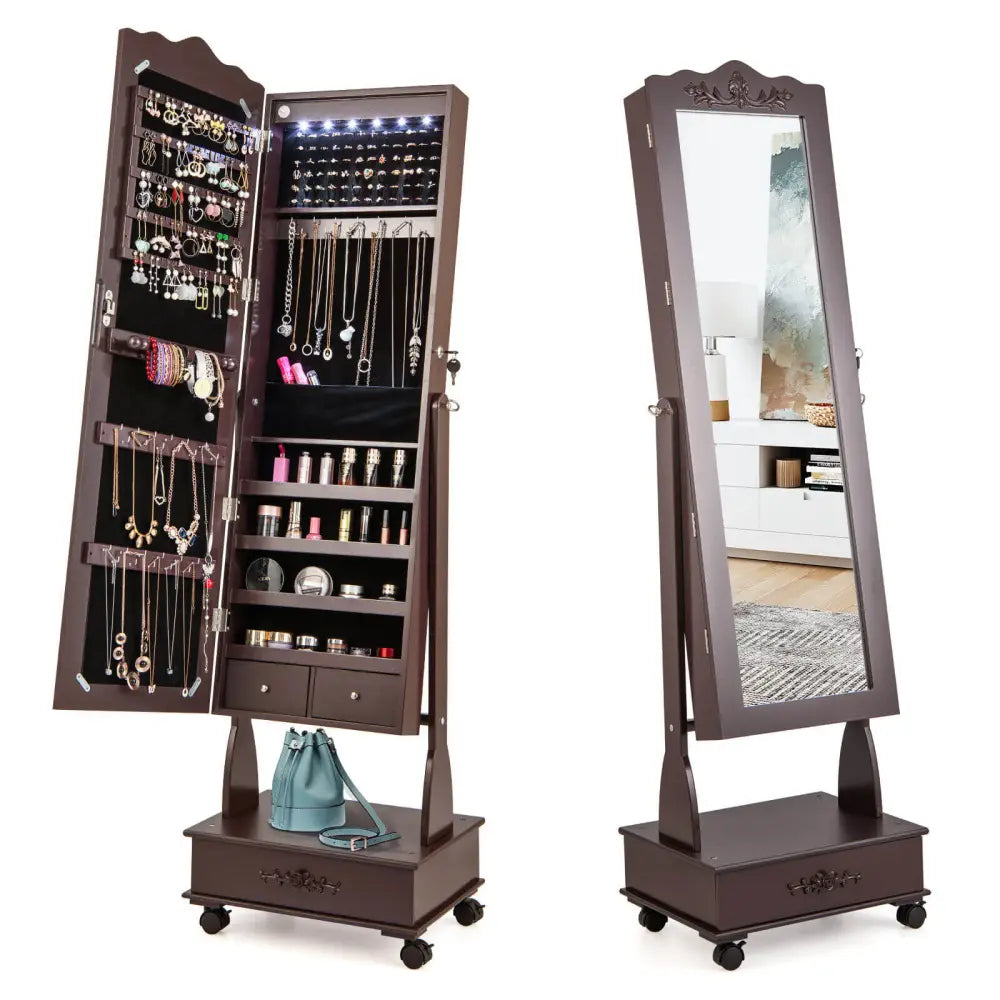 Rolling Floor Standing Mirrored Jewelry Armoire with Lock and Drawers-Brown - Brown - Jewelry Armoires