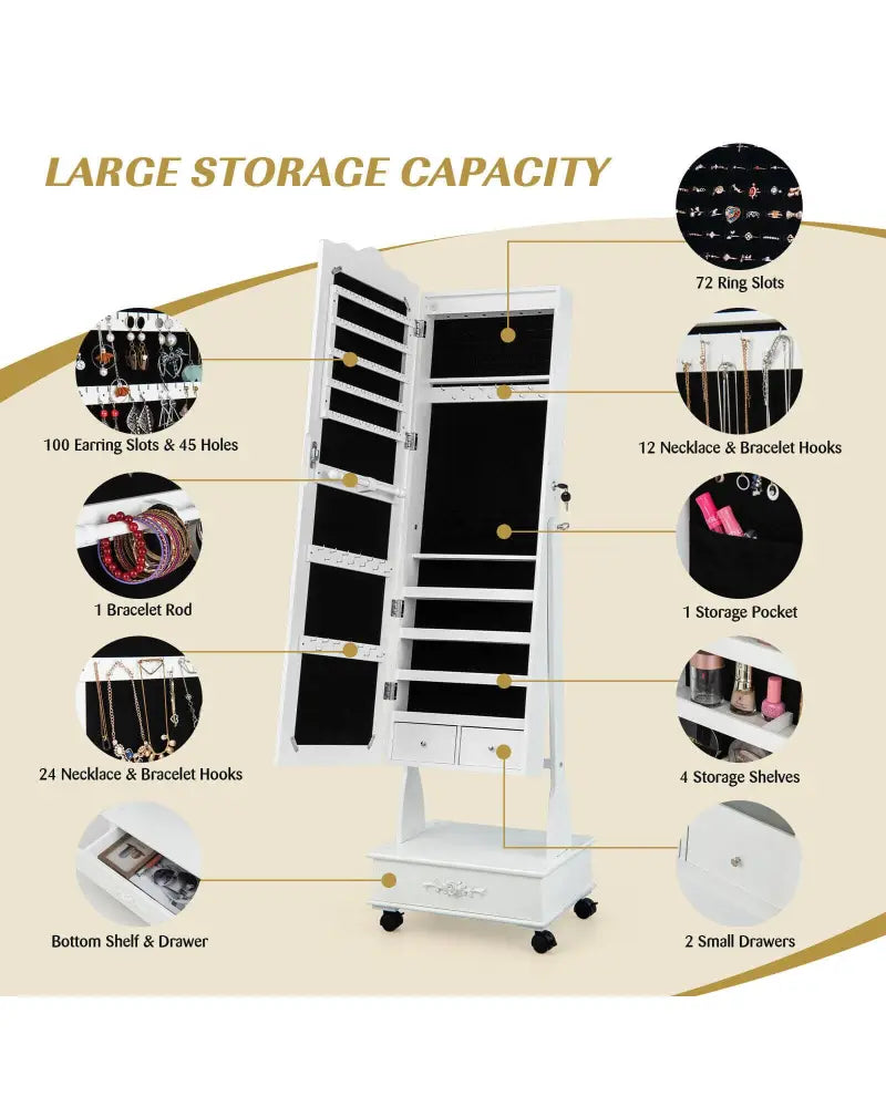 Rolling Floor Standing Mirrored Jewelry Armoire with Lock and Drawers-White - White - Jewelry Armoires