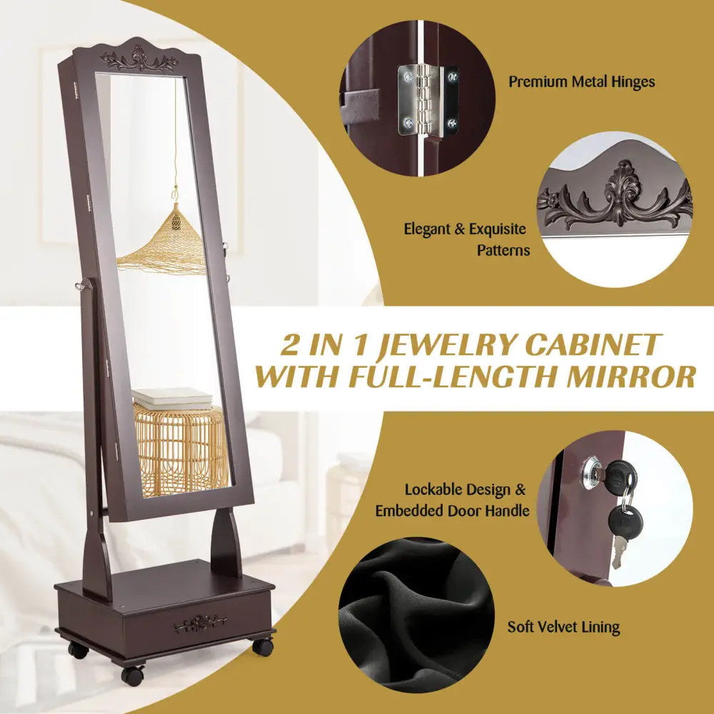 Rolling Floor Standing Mirrored Jewelry Armoire with Lock and Drawers-Brown - Brown - Jewelry Armoires