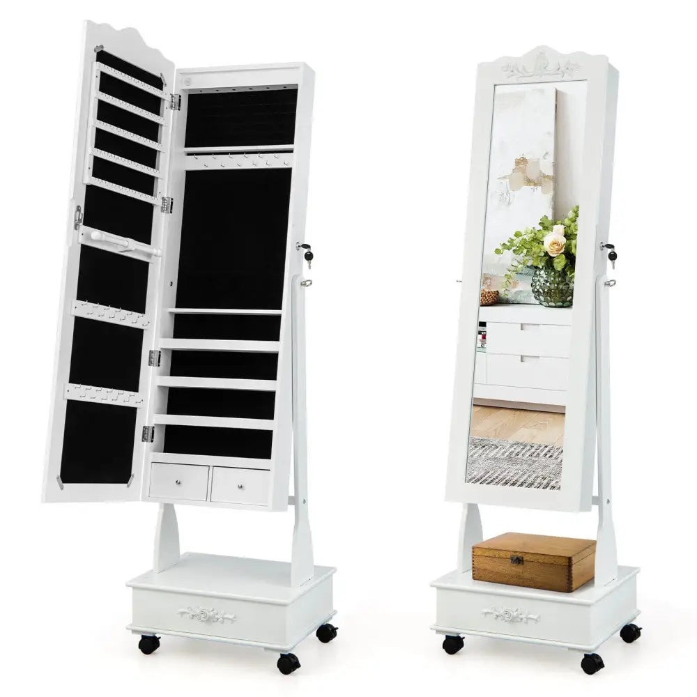 Rolling Floor Standing Mirrored Jewelry Armoire with Lock and Drawers-White - White - Jewelry Armoires