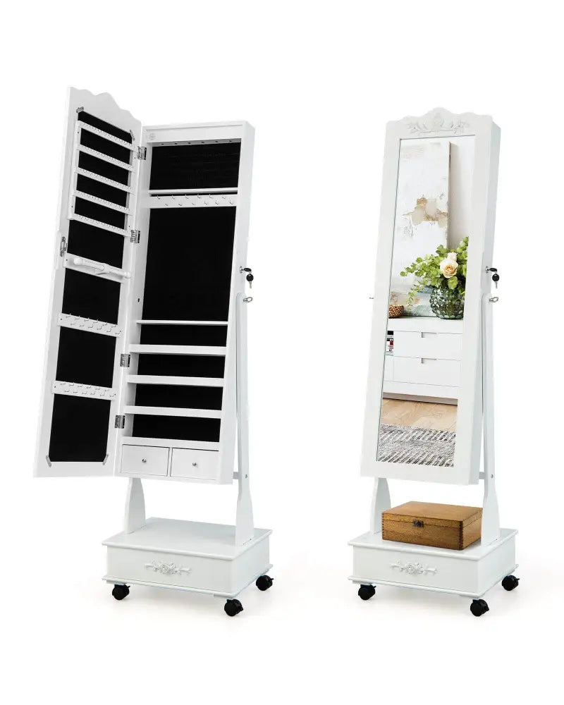 Rolling Floor Standing Mirrored Jewelry Armoire with Lock and Drawers-White - White - Jewelry Armoires