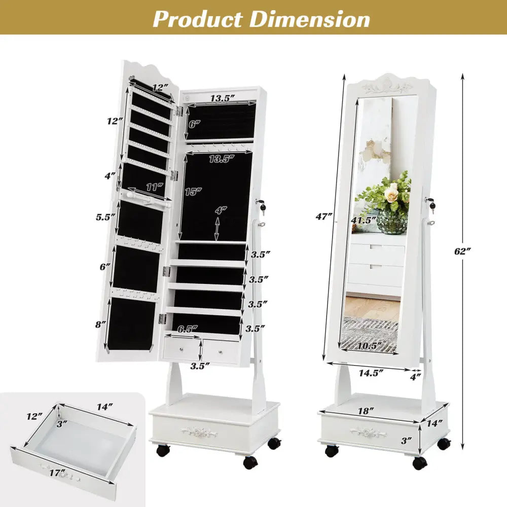 Rolling Floor Standing Mirrored Jewelry Armoire with Lock and Drawers-White - White - Jewelry Armoires