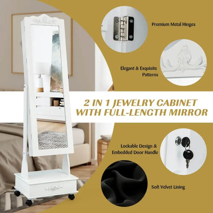 Rolling Floor Standing Mirrored Jewelry Armoire with Lock and Drawers-White Costway