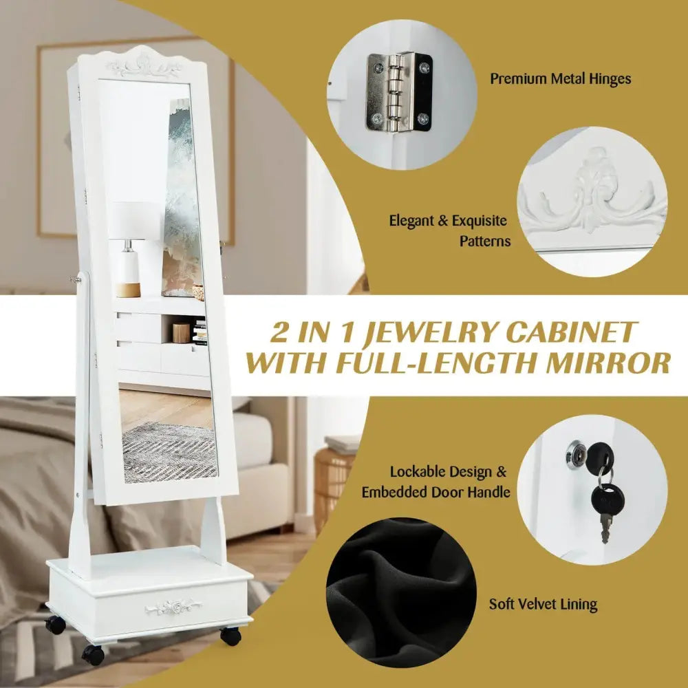 Rolling Floor Standing Mirrored Jewelry Armoire with Lock and Drawers-White Costway