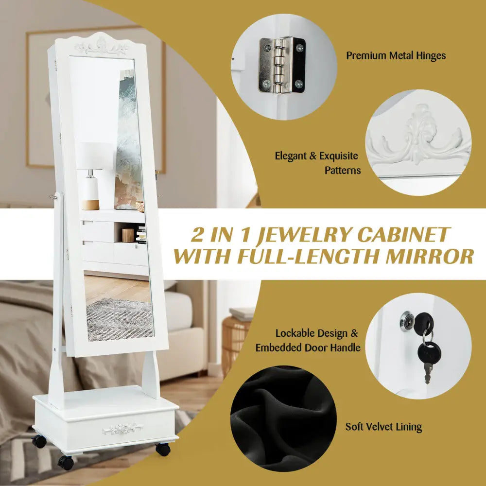 Rolling Floor Standing Mirrored Jewelry Armoire with Lock and Drawers-White - White - Jewelry Armoires