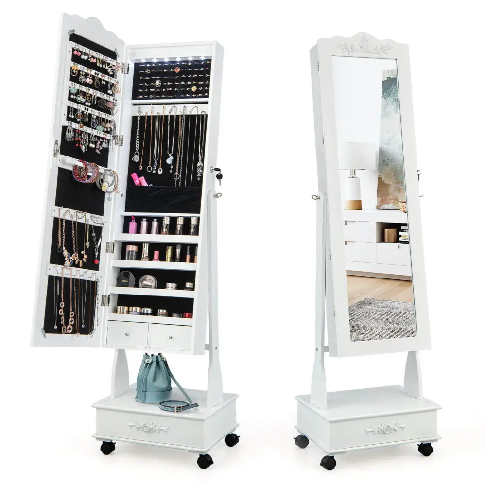 Rolling Floor Standing Mirrored Jewelry Armoire with Lock and Drawers-White - White - Jewelry Armoires
