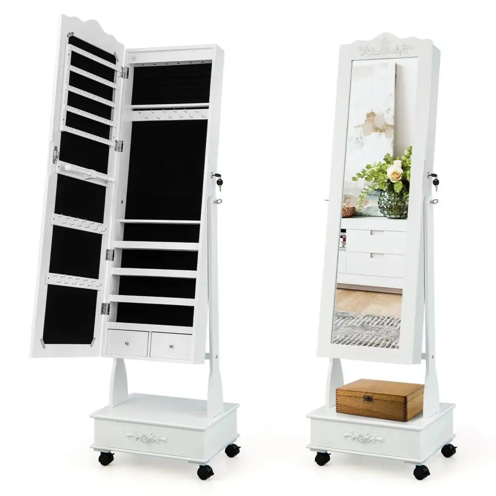 Rolling Floor Standing Mirrored Jewelry Armoire with Lock and Drawers-White Costway