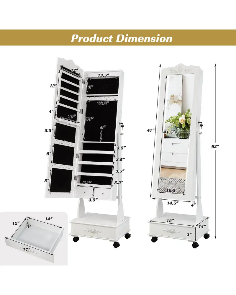 Rolling Floor Standing Mirrored Jewelry Armoire with Lock and Drawers-White - White - Jewelry Armoires