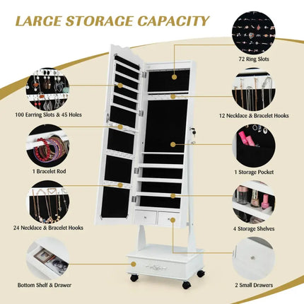 Rolling Floor Standing Mirrored Jewelry Armoire with Lock and Drawers-White Costway