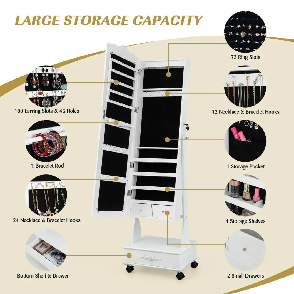 Rolling Floor Standing Mirrored Jewelry Armoire with Lock and Drawers-White Costway