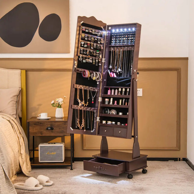 Rolling Floor Standing Mirrored Jewelry Armoire with Lock and Drawers-Brown - Brown - Jewelry Armoires
