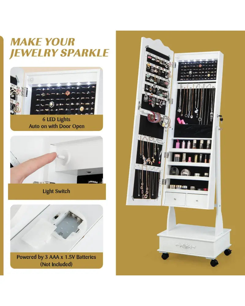 Rolling Floor Standing Mirrored Jewelry Armoire with Lock and Drawers-White - White - Jewelry Armoires