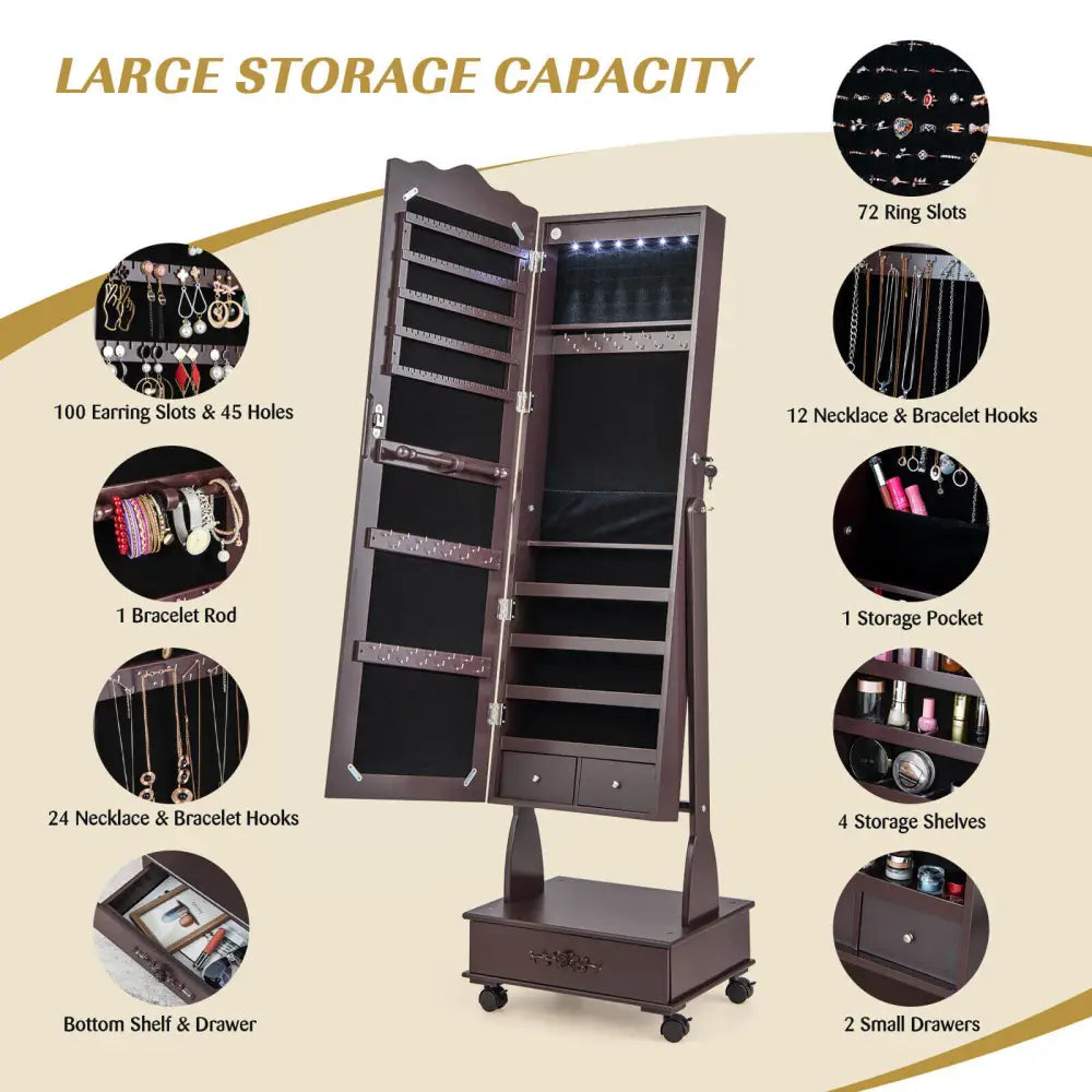 Rolling Floor Standing Mirrored Jewelry Armoire with Lock and Drawers-Brown - Brown - Jewelry Armoires